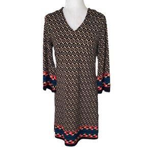 Jude Connally Bell Sleeve Navy Blue Tan Red Sheath Slip Tunic Dress - S